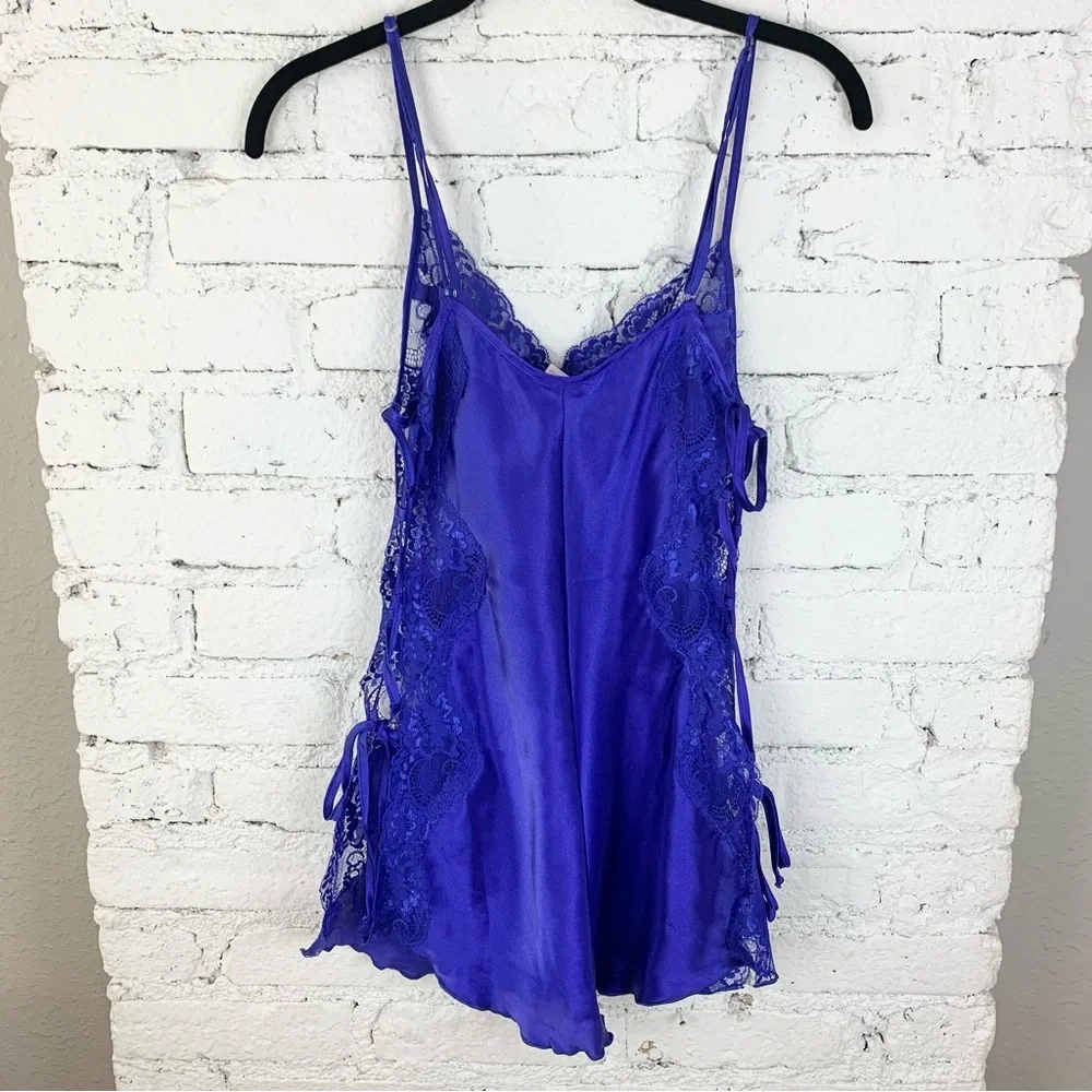 Shirley Hollywood Blue Lace Up Side Slip Nightie Vintage Small - Picture 13 of 15